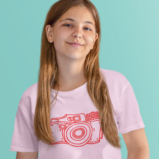 Retro Camera Organic T-shirt - Red On Cotton Pink