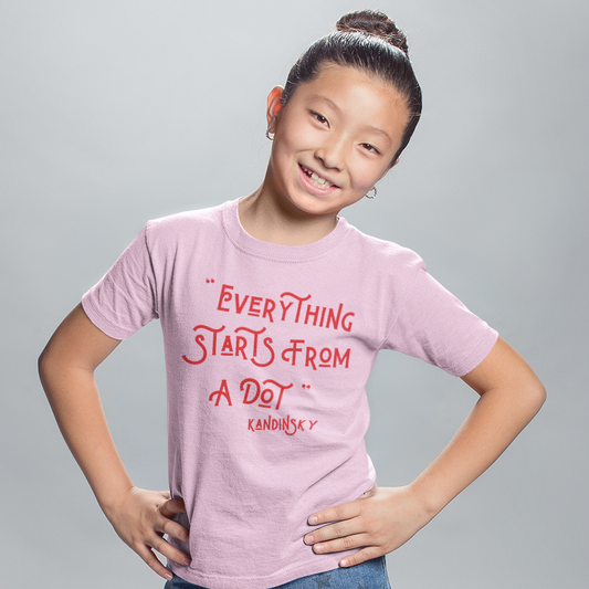 KANDINSKY "EVERYTHING STARTS FROM A DOT" Quote Organic Kids T-shirt - Red on Cotton Pink
