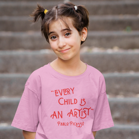 "EVERY CHILD IS AN ARTIST" PICASSO QUOTE Organic T-shirt - Red On Cotton Pink