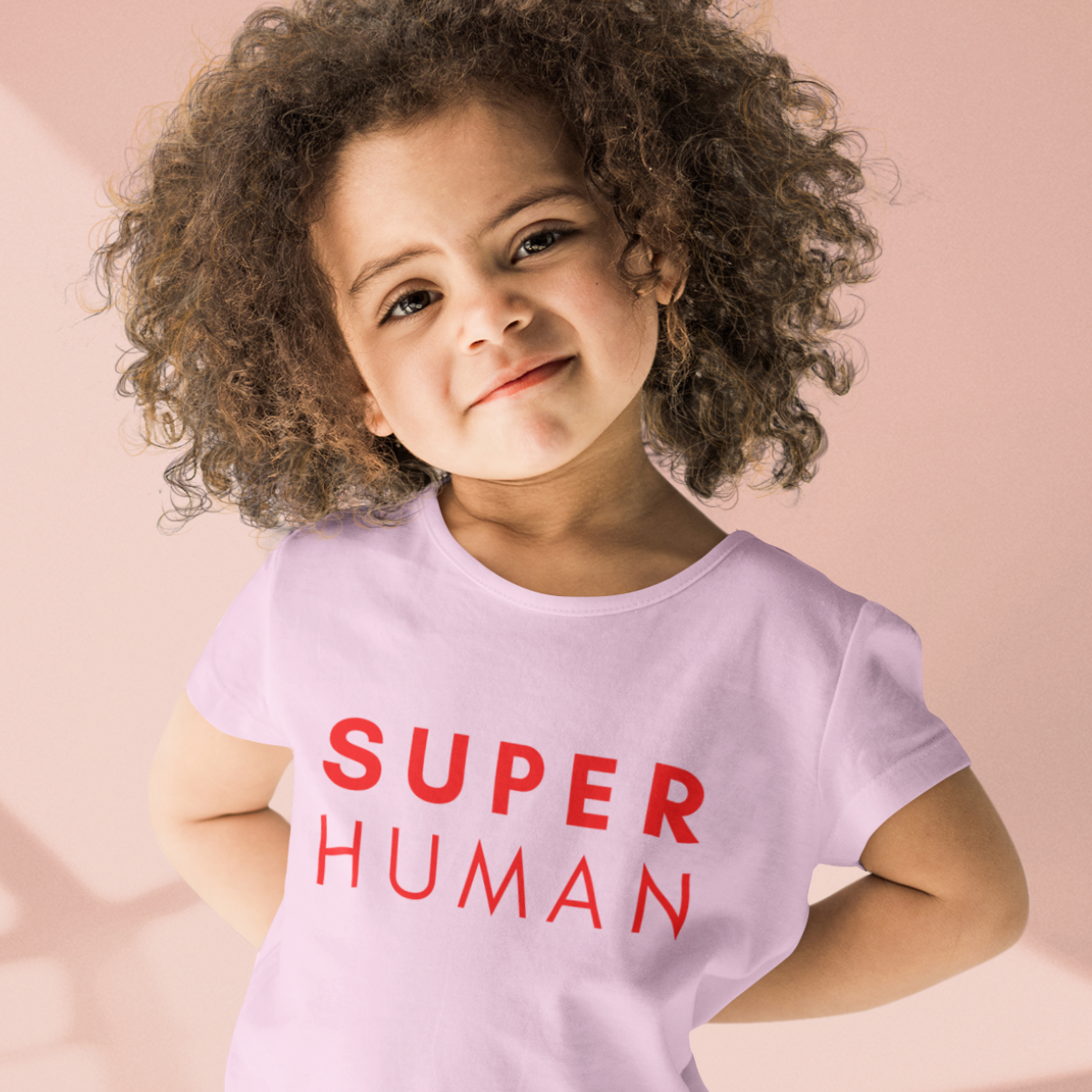 Super Human Organic Kids T-shirt - Red on Cotton Pink - Large Font