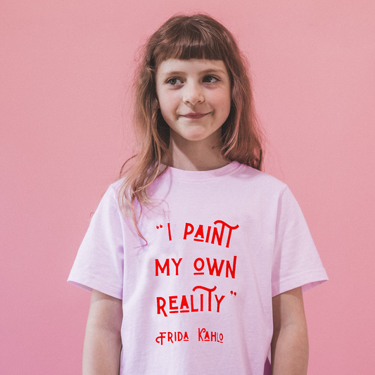 FRIDA KAHLO "I PAINT MY OWN REALITY" QUOTE Kids Organic T-Shirt : Red on Cotton Pink