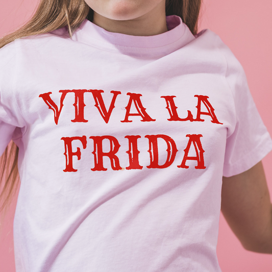FRIDA KAHLO 'VIVA LA FRIDA' Organic Kids T-shirt - Red On Cotton Pink