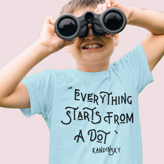 KANDINSKY "EVERYTHING STARTS FROM A DOT" Quote Organic Kids T-shirt - Black on Sky Blue