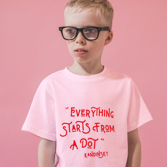KANDINSKY "EVERYTHING STARTS FROM A DOT" Quote Organic Kids T-shirt - Red on Cotton Pink