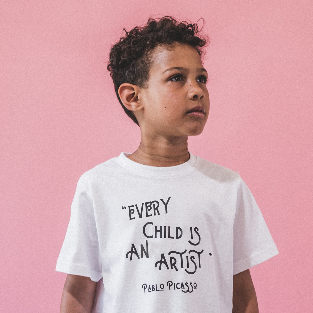 "EVERY CHILD IS AN ARTIST" PICASSO QUOTE Organic T-shirt - Black On White