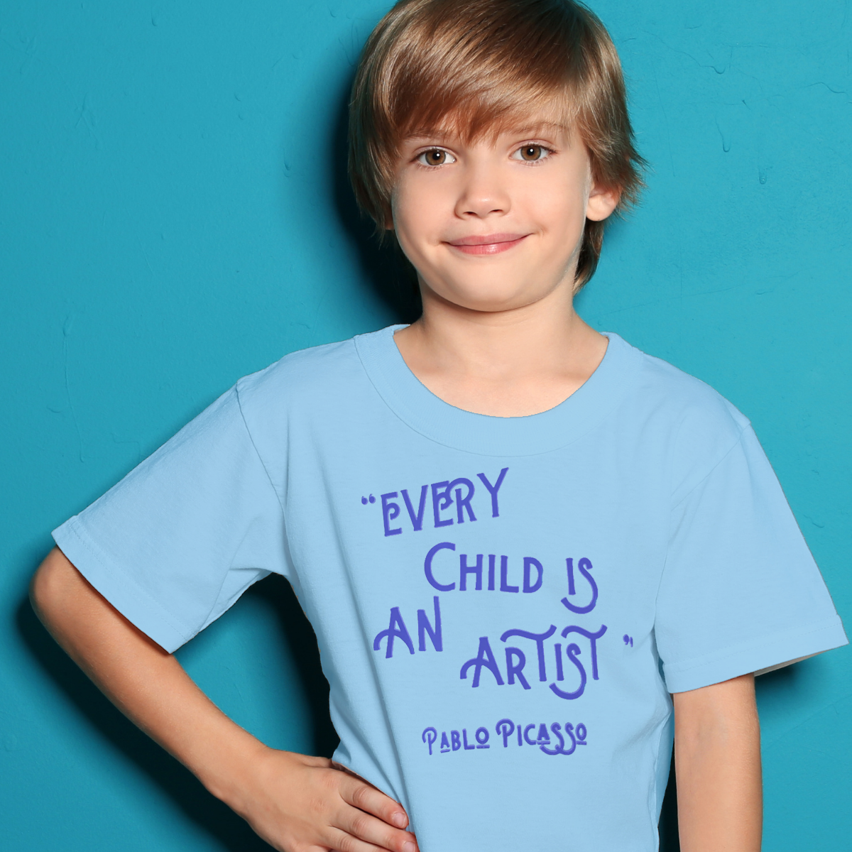 "EVERY CHILD IS AN ARTIST" PICASSO QUOTE Organic T-shirt - Mid Blue On Sky Blue