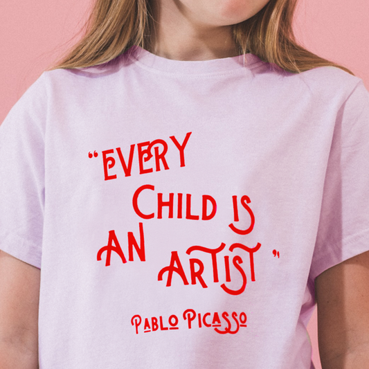 "EVERY CHILD IS AN ARTIST" PICASSO QUOTE Organic T-shirt - Red On Cotton Pink
