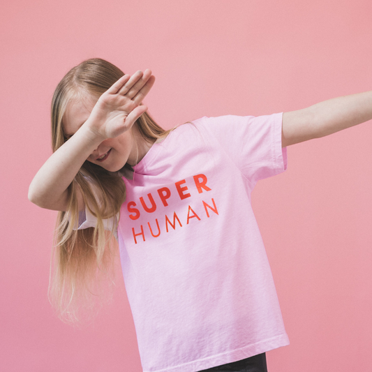 Super Human Organic Kids T-shirt - Red on Cotton Pink - Large Font